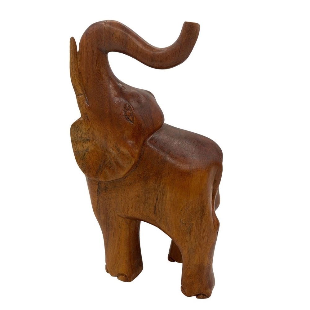 Large 12"‎ Vintage Wooden Elephant Sculpture Trunk Up Good Luck Mid-Century Boho